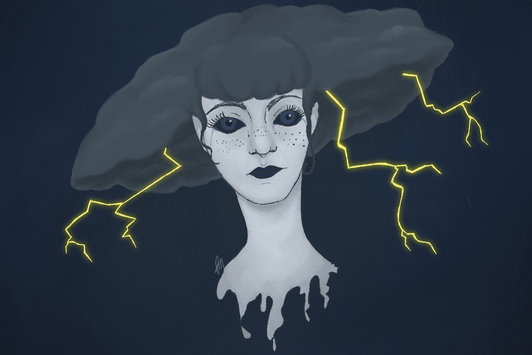 Digital Illustration of a girl crying with storm clouds and lightning bolts for hair