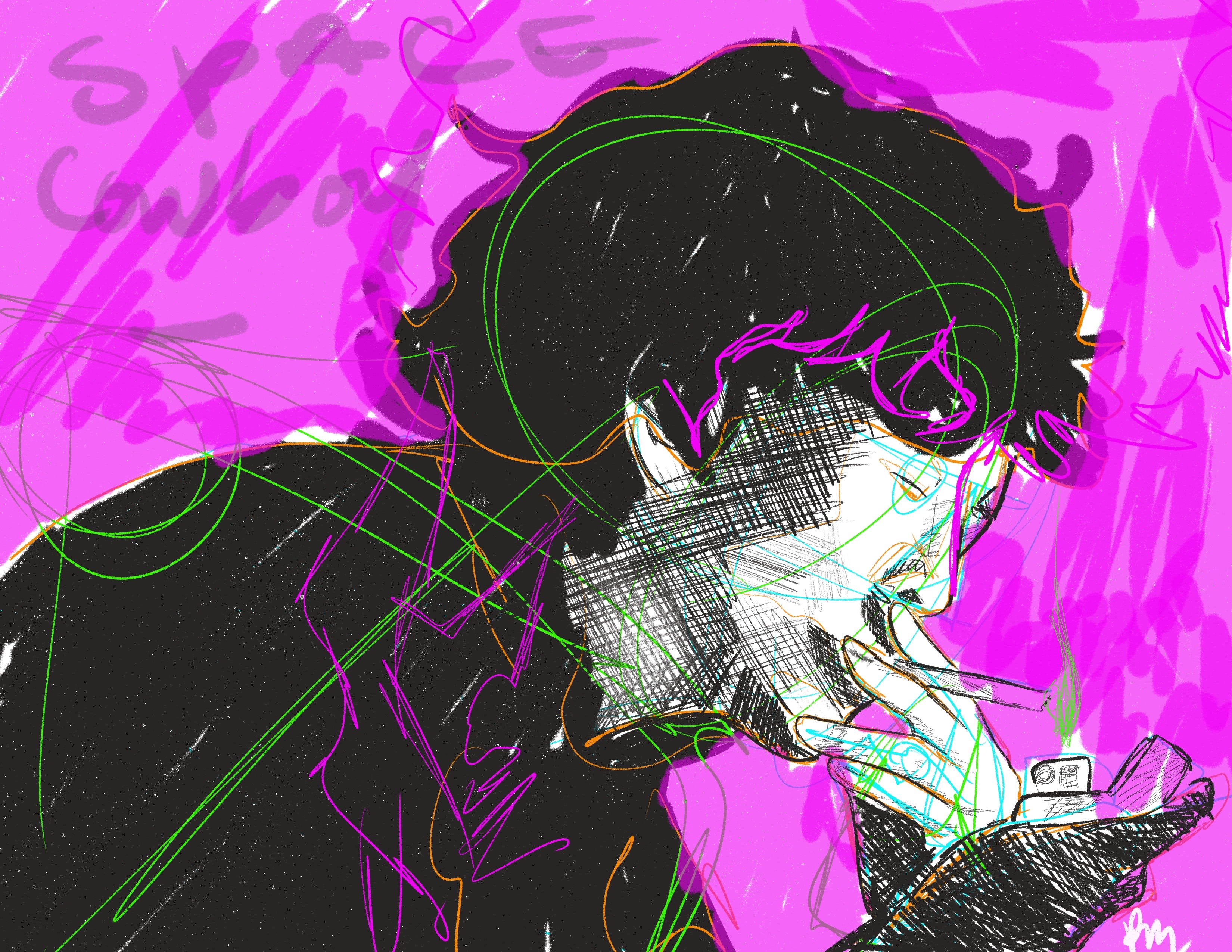 Digital Illustration of Spike Speigel from the live action Cowboy Bebop with sketched line overlays of Spike from the original anime out of the 1990s