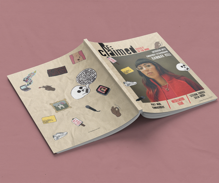 Magazine mockup with feature spread on embroidery artist